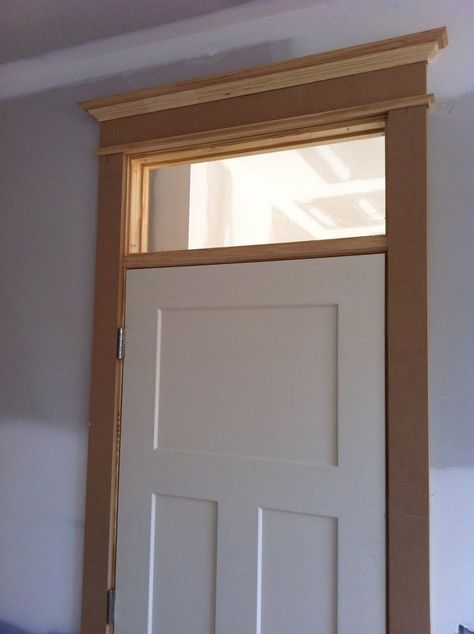 Transom window Door With Window Above, Window Above Front Door, Door Casing Ideas, Interior Door Trim Ideas, Door Trim Ideas, Window Above Door, White Front Door, Church Lobby, Trim Carpentry