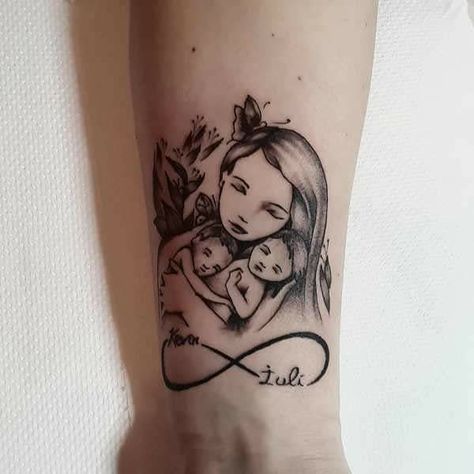 Tattoos For Women On Thigh, Motherhood Tattoos, Twin Tattoos, Mom Tattoo Designs, Tattoos With Kids Names, Mommy Tattoos, Mother Tattoos, Tattoo For Son, Floral Tattoo Sleeve