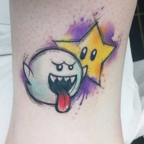 Josie Sexton on Instagram: “Ahh I love Boo, had lots of fun with this, part one of a matching tattoo :3 thanks Hayley #watercolor #watercolourtattoo #watercolour…” Bhuddist Tattoos, Boo Nintendo, Boo Tattoo, Super Mario Tattoo, Nintendo Tattoo, Cute Tattoo Ideas, Mario Tattoo, Sketchy Tattoo