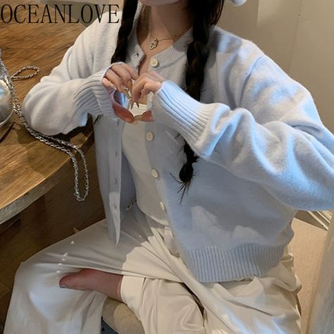 OCEANLOVE Spring Autumn Sweaters Women Tops Solid Sweet Korean Fashion Casual Basics Short Cardigans Birkenstock Clogs Outfit Fall, Birkenstock Clogs Outfit, Clogs Outfit Fall, Birkenstock Clogs, Solid Color Outfits, Style College, Clogs Outfit, Lazy Style, Casual Basics