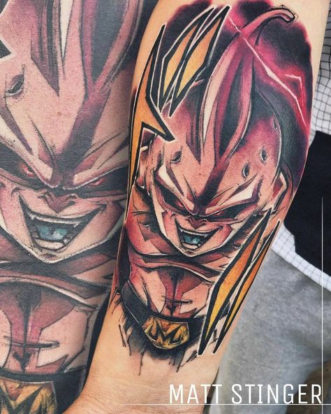 Kid Buu Tattoo, Dbz Tattoo, Kid Buu, Tattoo Anime, Majin Boo, Dragon Ball Tattoo, Majin Buu, Gaming Anime, Warrior Tattoo