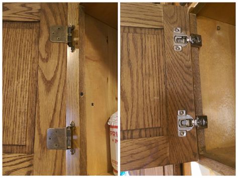 Before euro hinges, after euro hinges Kitchen Cabinet Doors Makeover, Updating Kitchen, Kitchen Cabinets On A Budget, Cabinet Door Makeover, Kitchen Hinges, Cupboard Hinges, Replacing Cabinets, Cabinet Door Replacement, Update Kitchen Cabinets