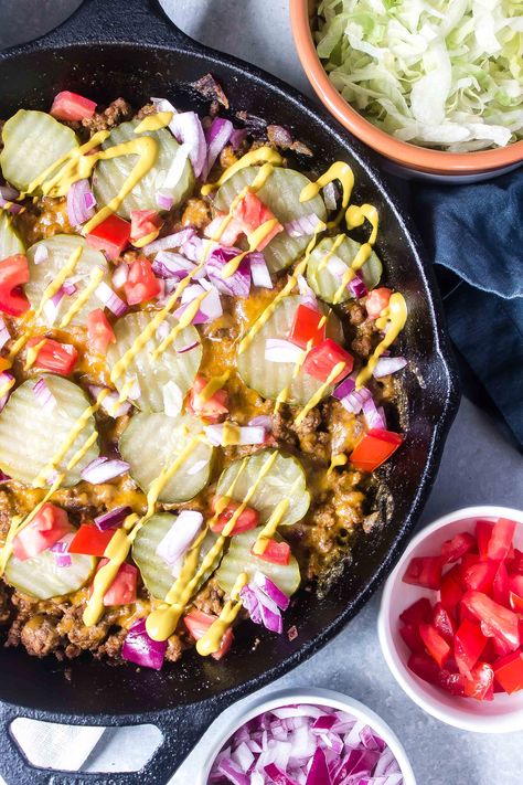 Keto Cheeseburger Casserole Skillet - Cast Iron Keto Cheeseburger Skillet, Keto Cheeseburger Casserole, Cast Iron Keto, Lettuce Wrapped Burger, Keto Cheeseburger, Keto Casserole, Cheeseburger Casserole, Ground Beef Recipes For Dinner, Low Carb Dinner Recipes