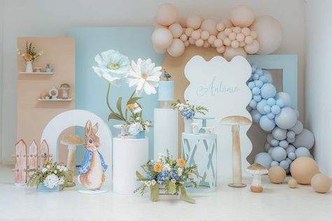 Peter Rabbit Birthday Party  | CatchMyParty.com Peter Rabbit Decorations, Rabbit Theme Party, Dekor Aqiqah, Peter Rabbit Theme Party, Peter Rabbit Birthday Party, Rabbit Birthday Party, Balloon Birthday Themes, Twodles Birthday, 2nd Birthday Party For Boys