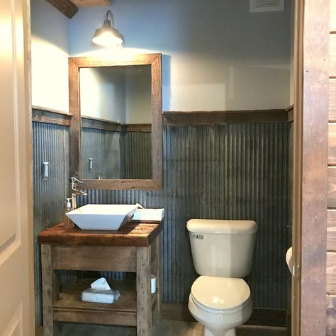 Honeycomb House - Farmhouse - Bedroom - Austin - by Reclaimed Space | Houzz Rustic Powder Room Ideas, Tin Ceiling Kitchen, Primitive Bathroom Decor, Farmhouse Powder Room, Rustic Powder Room, Primitive Bathroom, Half Bath Remodel, Small Cabin Plans, Cabin Interior Design