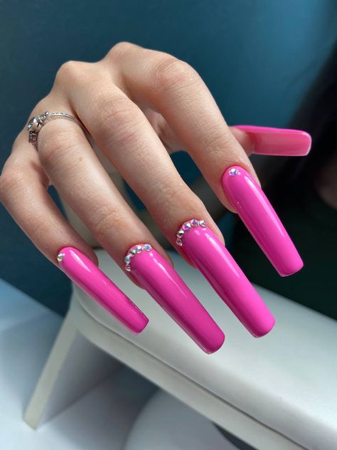 Pink Long Nails With Gems, Long Baddie Nails, Hot Pink Nails, Nail Candy, Glow Nails, Long Acrylic Nails Coffin, Nail Envy, Gem Nails, Pink Acrylic Nails