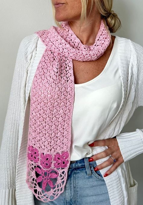 Touch of Love Scarf Pink Crochet Bohemian Scarves, Bohemian Pink Crochet Scarf, Purple Crochet Scarves One Size, Pink Scarves For Spring, One Size, Purple Bohemian Scarf, One Size, Double Crochet, Crochet Scarf, Yarn, Crochet