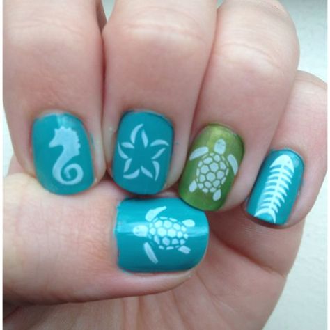 Green and Blue Nails via Sea Themed Nail Art, Fun Cruise Nails, Sea Turtle Nail Art, Turtle Nail Art, Aloha Nails, Turtle Nails, Designed Nails, Hawaiian Nails, Fish Nails