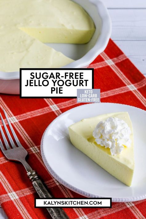 Pinterest image for Sugar-Free Jello Yogurt Pie on a white plate with a fork beside it all on a red and white napkin. Sugar Free Jello Cheesecake Recipes, Yogurt Jello Recipe, Jello Yogurt, Plain Yogurt Recipes, Jello Pudding Recipes, Health Beet, Vanilla Jello, Ww Deserts, Yogurt Pie