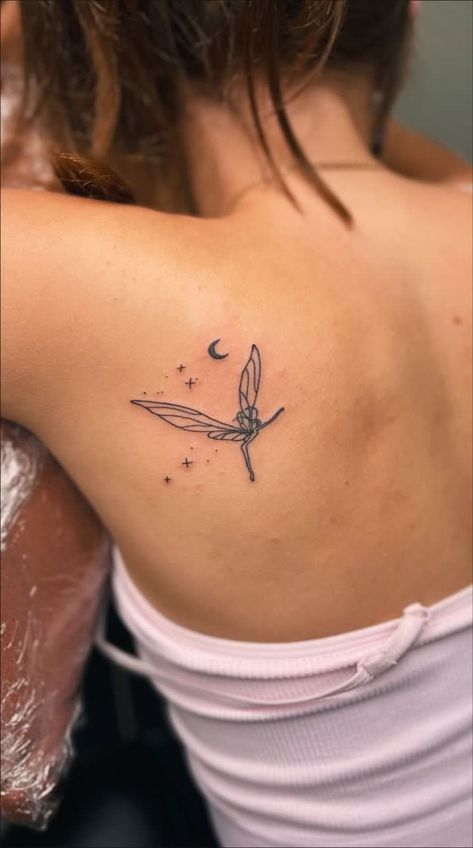 cute tattoo, pretty fairy, mystical, magic, ink, dainty Dainty Cute Tattoos, Fairy Hip Tattoo, Fairy Tattoo Back, Fairy Dust Tattoo, Pretty Fairy Tattoo, Fairy Tattoos For Women, Fine Line Shoulder Tattoo, Small Fairy Tattoo, Winx Club Tattoo