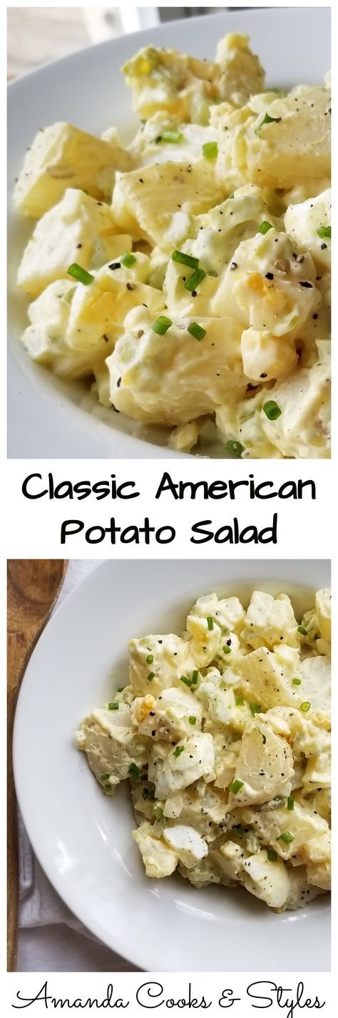 Creamy and delicious classic American potato salad is the perfect easy side dish for upcoming Summer barbecue's! BBQ American Potato Salad, Best Potato Salad Recipe, Bbq Salads, Classic Potato Salad, Bbq Dishes, Bbq Sides, Side Dishes For Bbq, Potato Salad Recipe, American Dishes