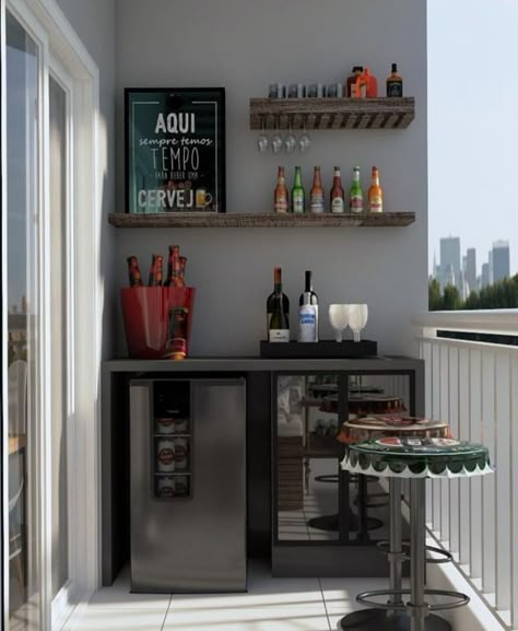 Balcony Mini Bar, Condo Bar Ideas, Balcony Bar Ideas Apartment, Apartment Mini Bar, Balcony Bar Ideas, Kitchen Faucets Ideas, Mini Bar At Home, Faucets Ideas, Apartment Bar