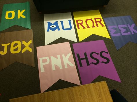 Monster's university Greek banners. Just made these for my floor! Monster University Trunk Or Treat, Monsters University Scare Games Flyer, Monsters University Trunk Or Treat, Monsters Inc Homecoming Hallway, Monsters University Aesthetic, Monsters University Decorations, Homecoming Decorations Hallway, Monsters Inc Crafts, Kappa Monster