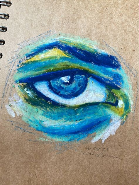 Oil pastel drawing of an eye Eyes Study Drawing, How To Paint An Eye Acrylic Step By Step, Painting With Oil Colors, Oil Pastel Art Eye, Oil Pastel Eye Drawing, Right Eye Drawing, Things To Draw With Oil Pastels, Pastel Ideas Art, Oil Pastel Crayons Drawing