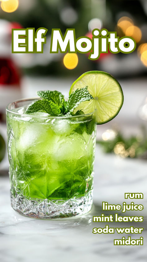 Elf Mojito Recipe Midori Drinks Recipes, Elf Themed Drinks, 2 Ingredient Mixed Drinks, Christmas Theme Drinks, Elf Cocktail, Christmas Mojito, Midori Drinks, Christmas Themed Drinks, Mixing Cocktails