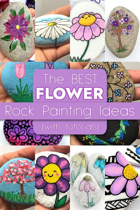 Rock Painting Tutorials | Check out 19 different flower designs to paint | Facebook Landscape Rock Painting Ideas, Painted Stepping Stones Ideas, Rock Art Mother’s Day, Painted Rocks Flowers Simple, Paint Flowers On Rocks, Rock Painting Art Acrylics, Rock Painting Flowers Easy, Rock Painting Ideas Easy Aesthetic, Painted Rocks Ideas Easy Summer