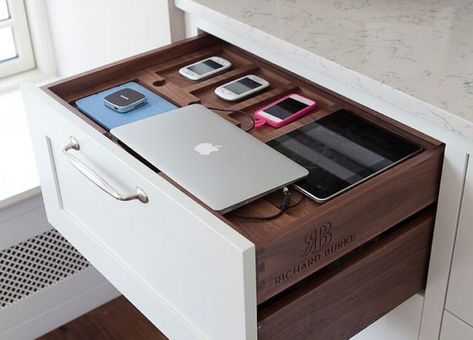 Kitchen Island Charging Station, Charging Drawer, Kitchens Storage, Coffee Hutch, Farmhouse Exterior Ideas, 1920s Interior, 1920s Interior Design, Hidden Cabinet, Mudroom Ideas