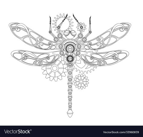 Steampunk Dragonfly Art, Steampunk Dragonfly Tattoo, Steampunk Flower Tattoo, Steampunk Tattoos For Women, Steampunk Doodles, Mechanical Dragonfly, Steampunk Tattoos, Steampunk Tattoo Design, Tattoo Chart