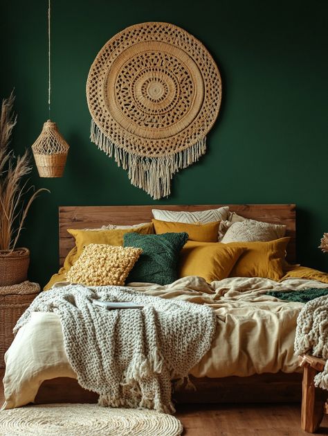 Transform your sleeping space with this cozy boho bedroom refresh! Featuring woven textures, deep green accents, and warm mustard tones, this look brings a natural and inviting feel. Perfect for updating your home decor. #HomeBedroomRefresh #BohoDecor #BedroomInspo Deep Green Bedroom, Mustard Bedroom, Bedroom Ideas Green, Green Nightstands, Cozy Boho Bedroom, Green Bedroom Ideas, Bedroom Ideas Inspiration, Boho Style Bedroom, Art Deco Bedroom