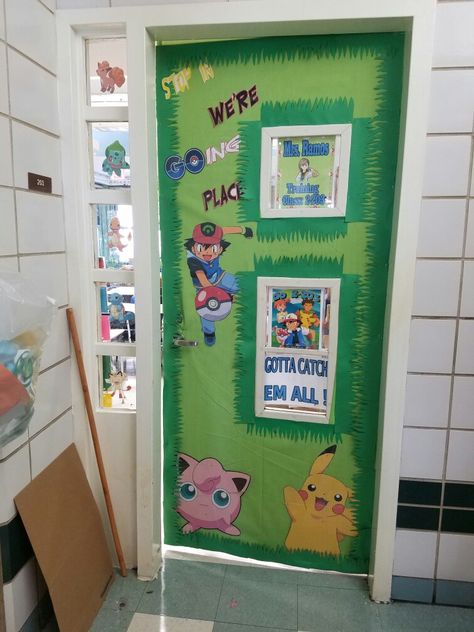 Pokemon classroom door Pokemon Door Decorations, Anime Classroom Decor, Pokémon Classroom, Classroom Vibes, School Door Decorations, Anime Classroom, School Doors, Themed Decorations, Class Decor