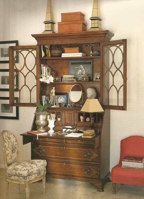 I have such a distinct memory of designing this secretary for my Bassett collection. With all of its secret compartments & drawers, it's always been one of my favorite pieces. I have it in our getaway bedroom, filled with my personal memorabilia.  Photo (C) Nancy E. Hill Vintage Secretary Desk Styling, Secretary Decor, Winter Dining Room Table Decor, Secretary Cabinet, Vintage Western Decor, Hutch Styling, Antique Secretary Desks, Antique Secretary, Desk Vintage