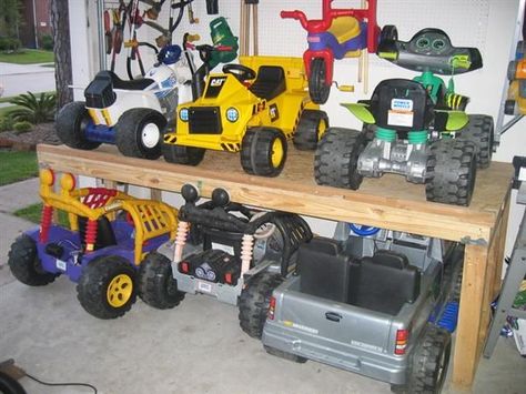 Storage For Big Toy Trucks, Power Wheels Storage, Outdoor Toy Storage, Storage Organization Ideas, Luxury Toys, Diy Toy Storage, Kids Toy Store, Toy Garage, Outside Storage