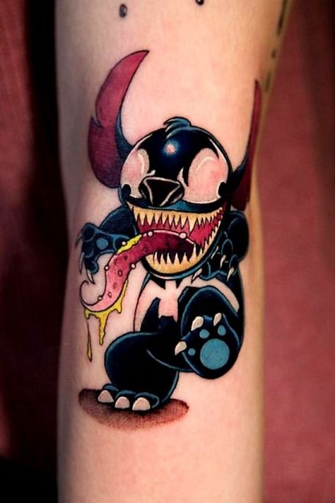 Stitch Deadpool Tattoo, Stitch Tattoo Ideas Black And White, Stitch Tattoos For Women, Marvel Comics Tattoo, Vegeta Tattoo Design, Venom Stitch, Venom Tattoo Ideas, Tattoo Sketch Ideas, Stitch Tattoo Ideas