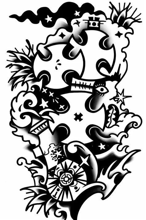 Tattoo idea: tattoo sketch symbolic A series of interlocking puzzle 3 Traditional Sailor Tattoos, Symmetrical Tattoo, 7 Tattoo, Sailor Tattoo, New Tattoo Designs, Traditional Japanese Tattoos, 3d Tattoos, 3d Tattoo, Horse Tattoo