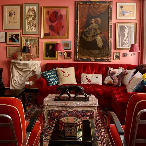 Chairish | For Chic And Unique Homes Maximalist Living Room, Red Living, Living Room Red, Maximalist Decor, Funky Design, Funky Furniture, Aesthetic Bedroom, Dream House Decor, Dream Home Design