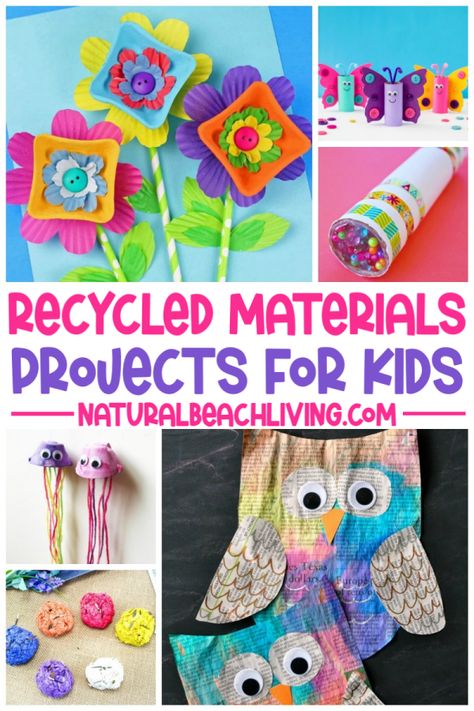 35 Recycled Materials Projects for kids using items you already have in your home. You'll find loads of fun ways to reuse toilet paper rolls, plastic bottles, bottle caps, cardboard boxes, and so much more with Recycled Crafts for Kids and DIY STEM Projects. #earthday #stem #recycledmaterials #crafts Diy Toys Recycled Materials, Painting With Recycled Materials, Recycled Crafts Kindergarten, Recycled Crafts For Kindergarten, Diy Recycled Projects For Kids, Summer School Art Projects, Recycling Projects For School, Reuse Toilet Paper Rolls, Recycled Crafts Kids Preschool