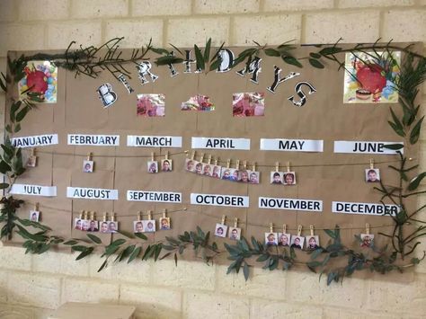 Reggio Classroom Calendar, Reggio Bulletin Boards, Birthday Charts Childcare, Staff Birthday Board, Birthday Display In Classroom, Natural Classroom, Reggio Emilia Classroom, Birthday Board Classroom, Birthday Chart