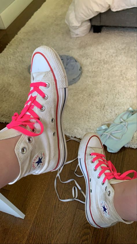 #laces #neon #pink #converse #diy #sneakers White Converse With Pink Laces, Platform Hot Pink Converse, Black Converse With Pink Laces, Pink Converse Lace-up Sneakers, Pink Converse Lyst, Converse Pink, Pink Converse, Diy Sneakers, White Converse