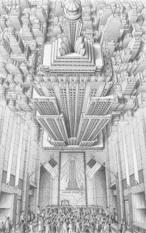 Empire State Building, New York. Historical Architectural Buildings Inside-out Drawings. By Stephen Biesty. Empire State Building Inside, Stephen Biesty, Beautiful Pencil Drawings, Andermatt, Perspective Drawing Architecture, Peisaj Urban, One Point Perspective, Building Drawing, Perspective Art