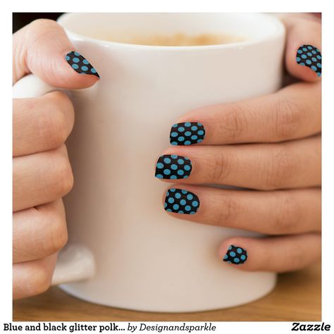 Blue and black glitter polka dot minx nail art Minx Nails, Blue Nail Art, Checkerboard Pattern, White Houndstooth, Manicure Set, Zig Zag Pattern, Nail Sizes, Blue Waves, Blue Polka Dots