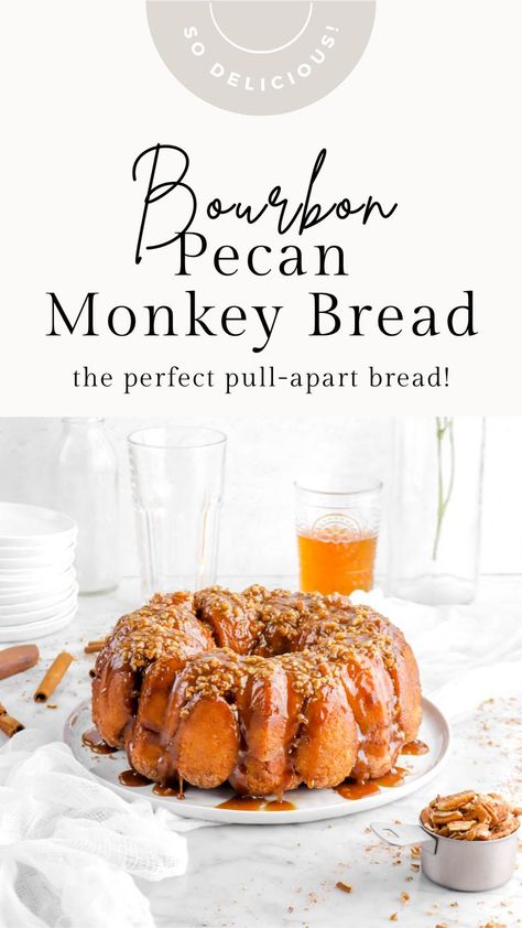 Sweet and warming Bourbon Pecan Monkey Bread. It’s the perfect sticky pull-apart bread year long, but especially during the colder months. Simple sweet dough made without eggs, rolled in a simple cinnamon sugar, and baked in a bundt pan with a delicious bourbon pecan sauce. There’s just SO much to love here! Pull Apart Recipes, Pecan Monkey Bread, Bread Proofer, Pecan Sauce, Pecan Bread, Bakers Table, Bourbon Sauce, Sweet Dough, Bread Baker