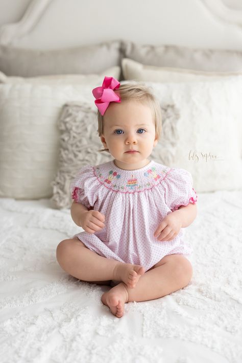 One Year Old Photoshoot Studio, Pink Embroidered Dress, Alice Rose, Family Photo Studio, One Year Pictures, Birthday Pic, Milestone Photography, First Birthday Pictures, Birthday Pics