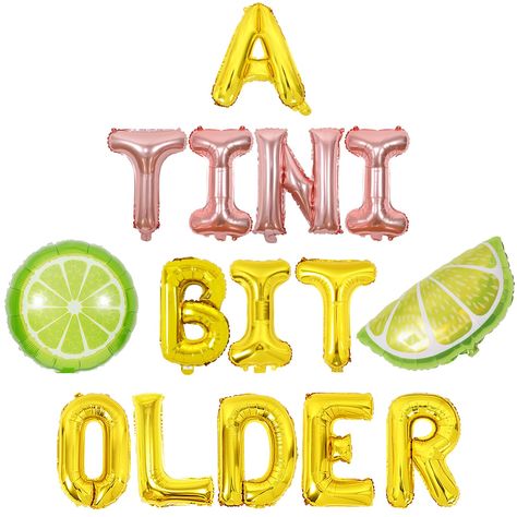 PRICES MAY VARY. 🍸Package include🍸You will get 1*16 inch a tini bit older foil balloon, 1*18.89*26.37inch half lemon foil balloon and 1*18 inch lime foil balloon. 🍸A tini bit older banner🍸A funny birthday party full of Mexican flavor can't do without these cute balloon decorations. They are great to clustered together as a backdrop, hanging from wall, branches in trees, ceiling, curtain, above a table, under the veranda or door. It's also a good idea to add color, texture and glamour to your Bar Birthday Party Decorations, Birthday Ideas Themes Adults, Tini Bit Older Birthday Decor, Martini Bday Party, Margarita Themed Birthday Party, Margarita Party Decorations, Tequila Birthday Party Theme, 25th Birthday Party Themes, Tequila Themed Birthday Party