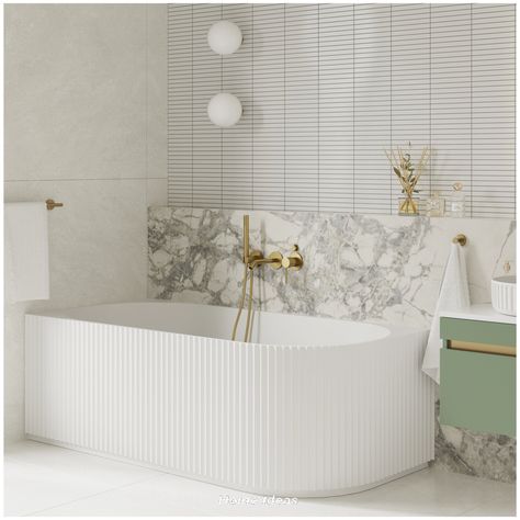 J Shaped Bath, Curved Bathroom Wall, Freestanding Bathtub Wall, Fluted Bathtub, Fluted Bath, Freestanding Corner Bath, Bathrooms Renovations, Ensuite With Bath, Curved Bathroom