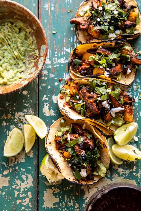 Mushroom Al Pastor Tacos with Garlic Lime Special Sauce | Swapping the meat and going veggie with these Mushroom Al Pastor Tacos with Garlic Lime Special Sauce...when you’re craving Mexican, but also want healthy! halfbakedharvest.com #vegan #mushrooms #tacos Mushroom Tacos Recipes, Al Pastor Tacos, Pulled Chicken Tacos, Pastor Tacos, Mushroom Tacos, Vegan Tacos, Special Sauce, Half Baked Harvest, Taco Recipes