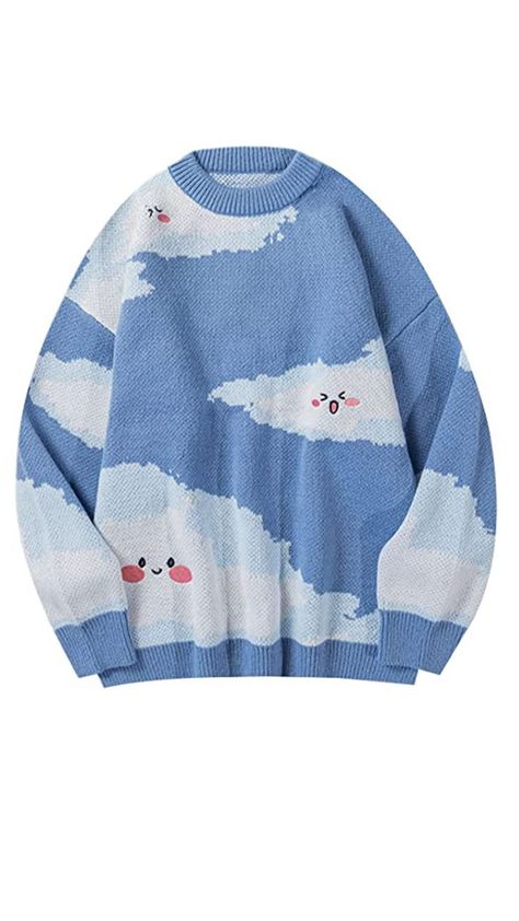 Sweater with cute expression on cloud Retro Couple, Dinosaur Sweater, Mens Pullover Sweater, Pullover Sweater Men, Oversized Streetwear, Knit Outerwear, Graphic Sweaters, Cable Knit Jumper, Warm Sweaters