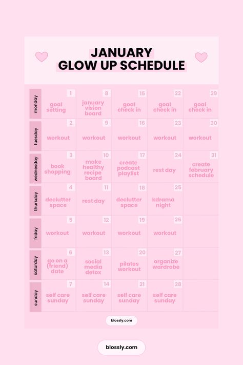 Your January Schedule for Your 2024 Glow Up | The 30 Day Blossom Challenge – Blossly January Challenge Ideas, January 2024 Goals, January Glow Up Challenge, January Reset 2024, January Challenge 2024, 2024 Glow Up, Glow Up Schedule, Glow Up 2024, January Schedule