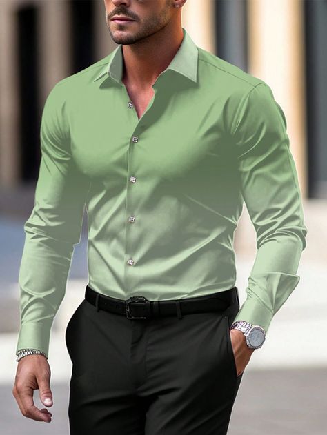 verde menta Casual Collar manga larga Poliéster Liso,Estampado Integral Camisa Embellished Elástico Ligero Dark Green Pants, Formal Dresses For Men, Party Outfit Men, Mens Business Casual Outfits, Formal Men Outfit, Classy Outfits Men, Men's Formal Style, Dress Suits For Men, All Over Print Shirt