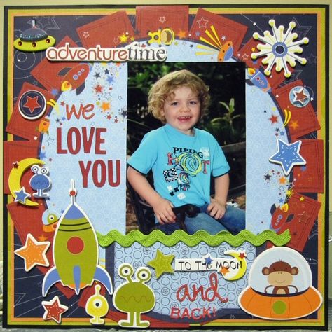 We Love You To The Moon And Back - Scrapbook.com - #scrapbooking #layouts #bobunnypress Scrapbook Ideas Space Theme, Astronaut Scrapbook Ideas, Big Brother Scrapbook Layout, Space Scrapbook, Galaxy's Edge Scrapbook Layout, Love You To The Moon And Back Scrapbook Layout, Scrapbooking Idea, Bunny Boy, Scrapbooking Kids