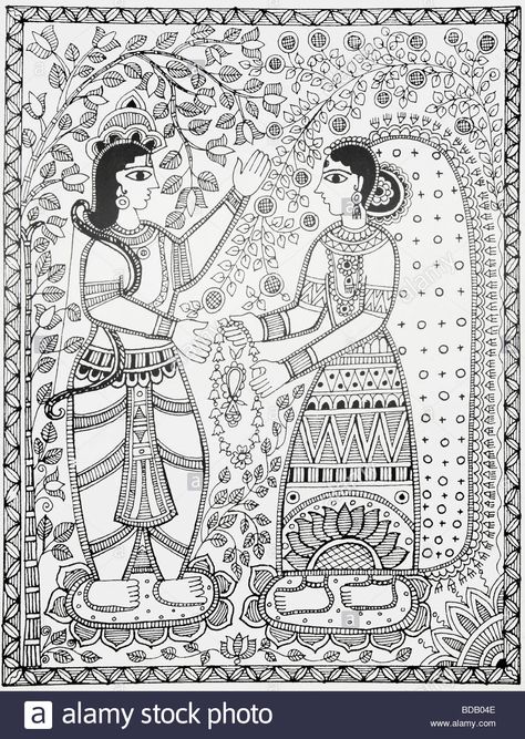 Download this stock image: Madhubani painting depicting marriage of Lord Rama and sita - BDB04E from Alamy's library of millions of high resolution stock photos, illustrations and vectors. Madhubani Designs Pattern, Radha Krishna Black And White, Ram Sita Madhubani Painting, Madhubani Sketch, Krishna Black And White, Madhubani Krishna, Rama Painting, Lord Rama And Sita, Krishna Black