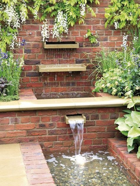 There are many ways you can build a fountain with #reclaimed #bricks, and add a bit of style to any project you are working on. Basement Courtyard, Taman Air, Outdoor Waterfalls, Diy Water Fountain, Garden Water Feature, Brick Garden, Garden Waterfall, Desain Lanskap, Walled Garden