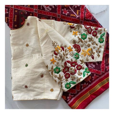 Hand Work Blouse Design For Patola, Emrodary Work Design Blouse, Patola Saree Blouses Work, Emrodary Work Design, Patola Blouse Design, Patola Blouse Design Work, Zardosi Work Blouse, Wedding Edit, Cotton Blouse Design