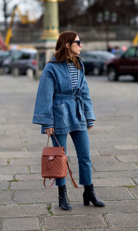 DENIM DENIM DENIM Ganni Jacket, Margiela Boots, Redone Jeans, Always Judging, Denim Jacket Outfit, Chanel Backpack, Backpack Fashion, Style Inspiration Fall, Jeans Jacket