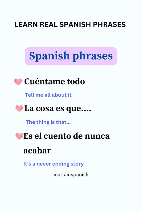 Let’s learn real Spanish phrases, from real conversations.You can start speaking in Spanish quicker than you think, if you focus on the Spanish words and phrases that you use in your daily life. Spanish Love Phrases, Spanish Exercises, Spanish Slang, Spanish Words For Beginners, Spanish Practice, Spanish Sentences, Basic Spanish Words, Speaking Spanish, Learn To Speak Spanish