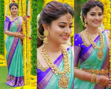 Royal Blue Blouse Designs, Blue Pattu Saree, Turquoise Blue Saree, Sneha Prasanna, Blue Blouse Designs, Silk Saree Blouse Designs Patterns, Hair Style On Saree, Bridal Sarees South Indian, Best Blouse Designs