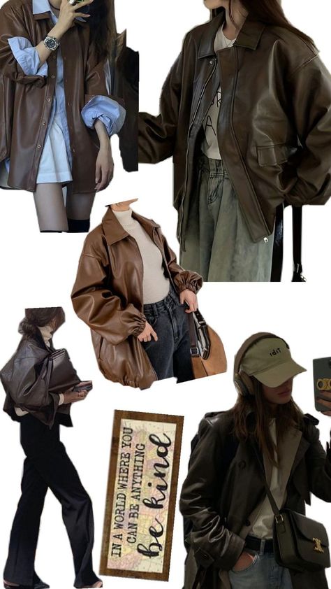 Oversized Tan Jacket Outfit, Outfits With Brown Leather Jacket, Dark Brown Jacket Outfit, Oversized Brown Leather Jacket Outfit, Brown Oversized Leather Jacket, Oversize Leather Jacket, Outfits Oversize, Oversized Leather Jacket, Academia Aesthetic Outfit